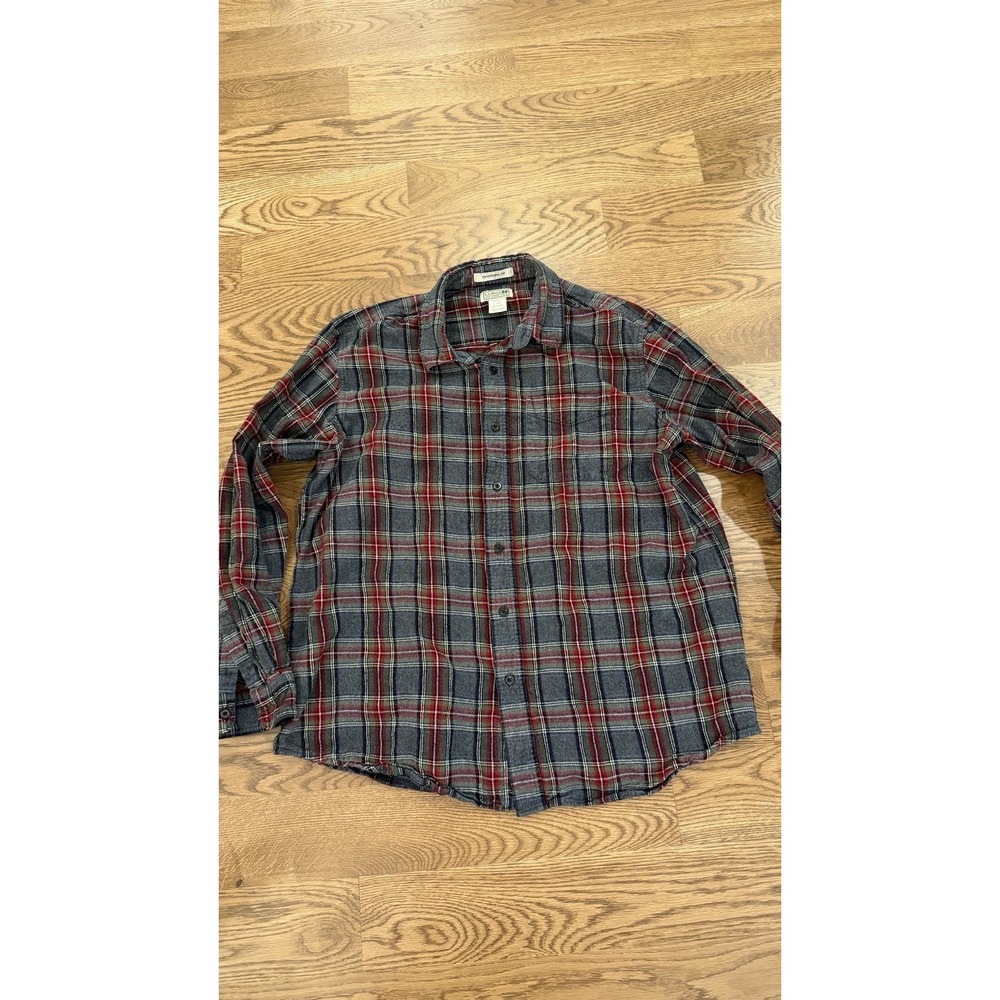 L.L. Bean Plaid Flannel Cotton Button-Up L/S Men's Shirt Gray Red L 228061